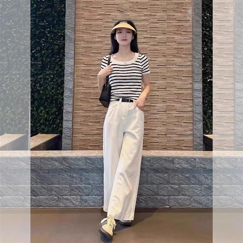 BLLOUKE夏日穿搭一整套高级感条纹减龄气质上衣阔腿裤两件套装女