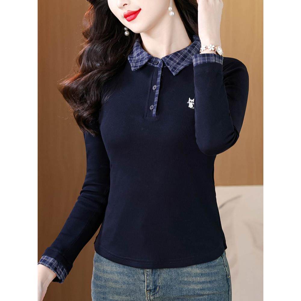 JOYIASS黑色假两件格子polo衫正肩长袖t恤女秋季修身内搭打底衫针