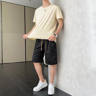 男士短袖恤夏季潮流透气冰丝休闲运动男装套装搭配一套帅气衣服