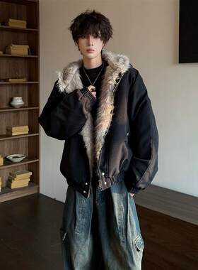 美式连帽座山雕棉服外套男冬季加厚保暖毛领外套高级感短款派克服