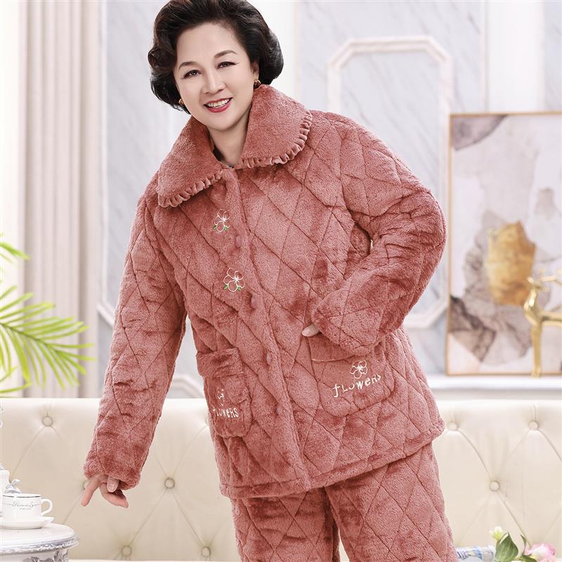 中老年三层铺棉睡衣秋冬季女士妈妈奶奶保暖棉袄女加绒加厚家居服