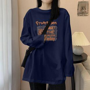 胖大码长袖恤女秋装新款纯棉打底衫中长款宽松百搭落肩体恤衫