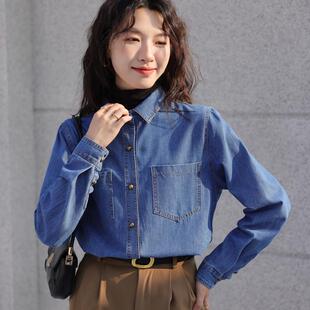 JOYIASS2025秋冬新款港风复古正肩蓝色牛仔衬衫女内搭叠穿小个子