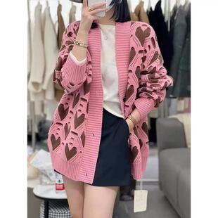 JOYIASS爱心撞色2025年春秋女士毛衣外套加厚中长款针织开衫高级