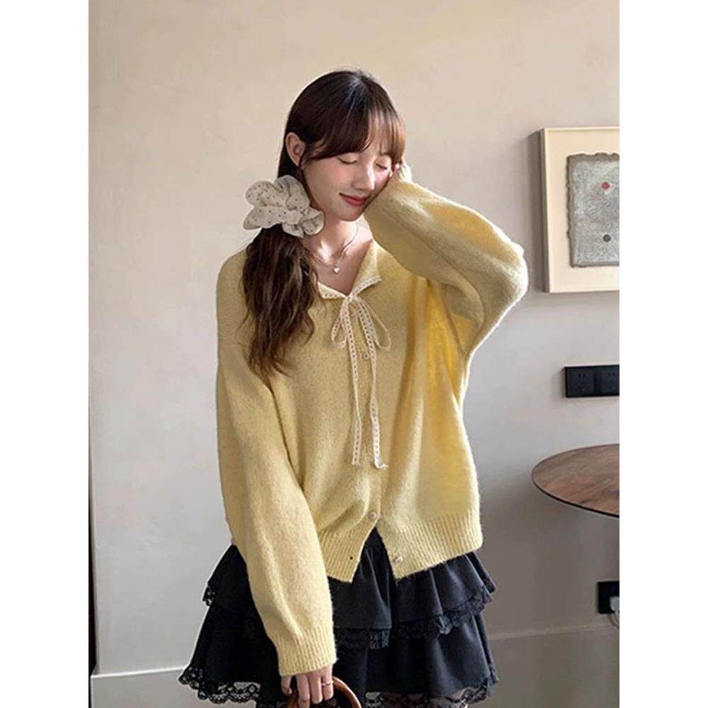JOYIASS韩系温柔慵懒风灰色蕾丝系带针织开衫女秋冬百搭毛衣外套