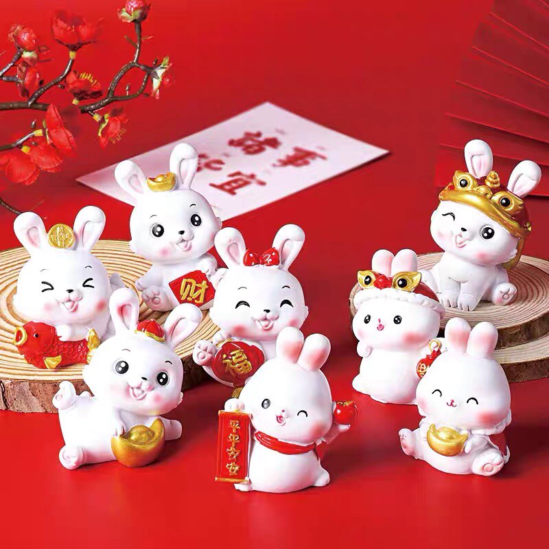 兔宝宝周岁新年快乐蛋糕装饰摆件跨年元旦平安福袋抱锦鲤兔子摆件