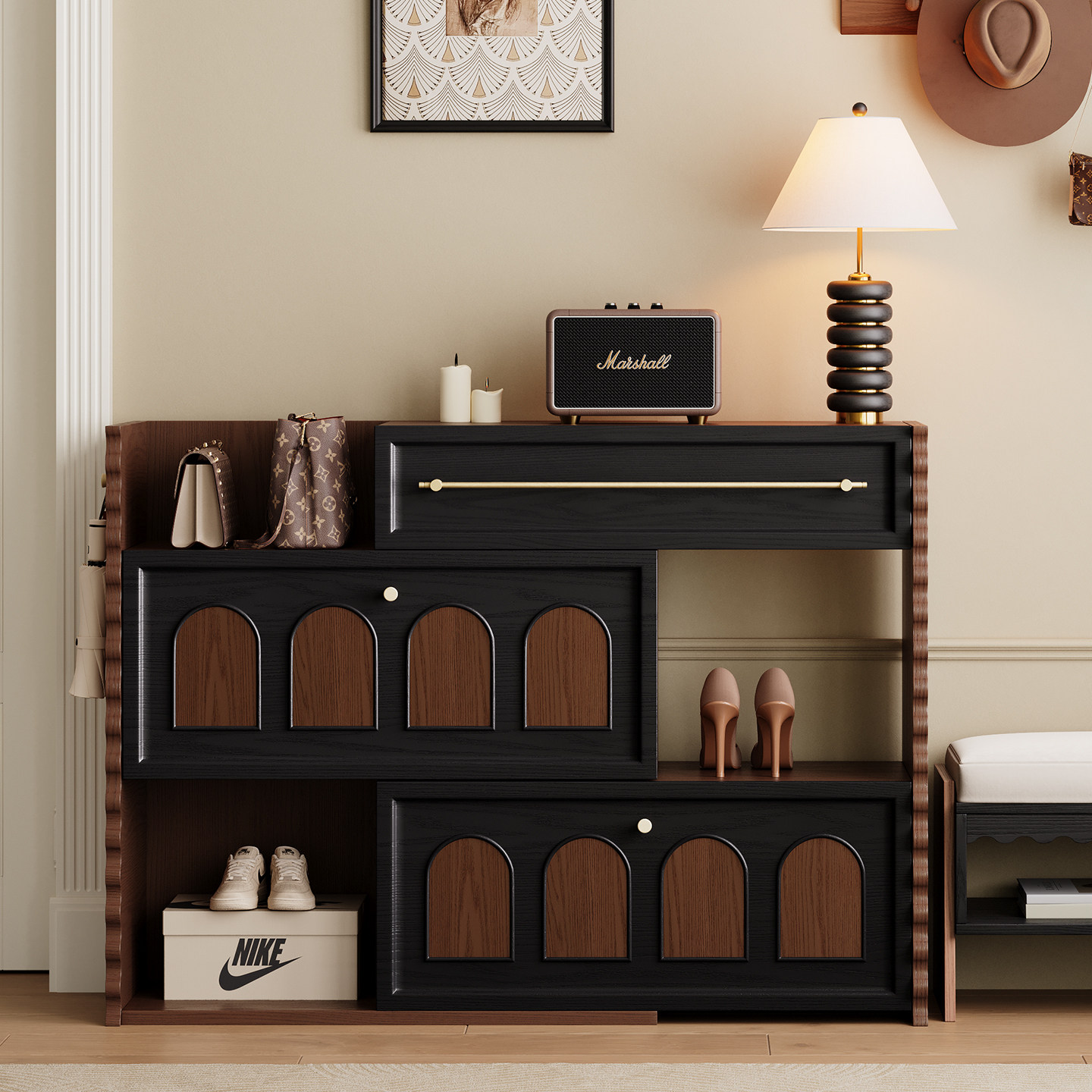 法式复古玄关柜入户门厅客厅隔柜客厅家用门口换鞋柜靠墙一体收纳