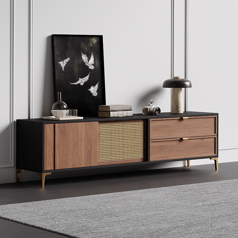 北欧中古风电视柜茶几组合客厅2024新款落地电视机柜复古高级边柜