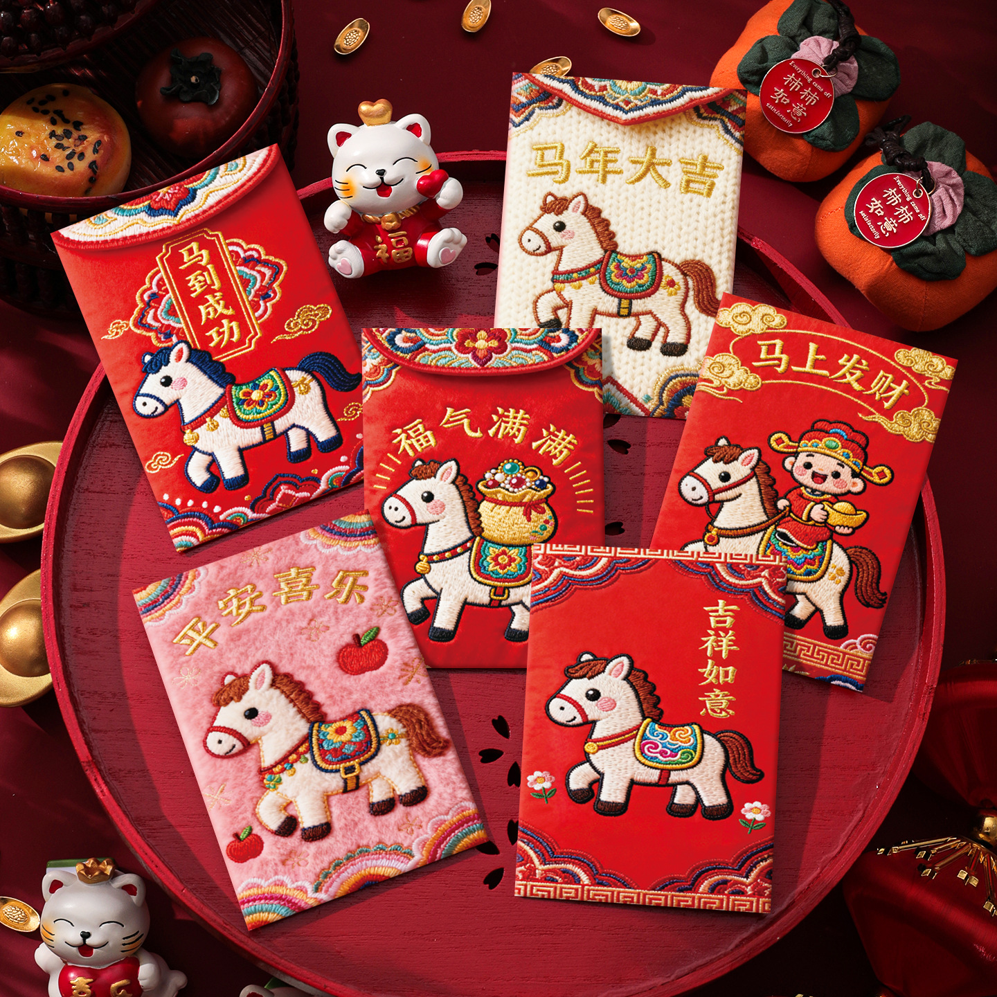2026款卡通手绘福马萌马系列平面刺绣风格可爱卡通春节祝福红包