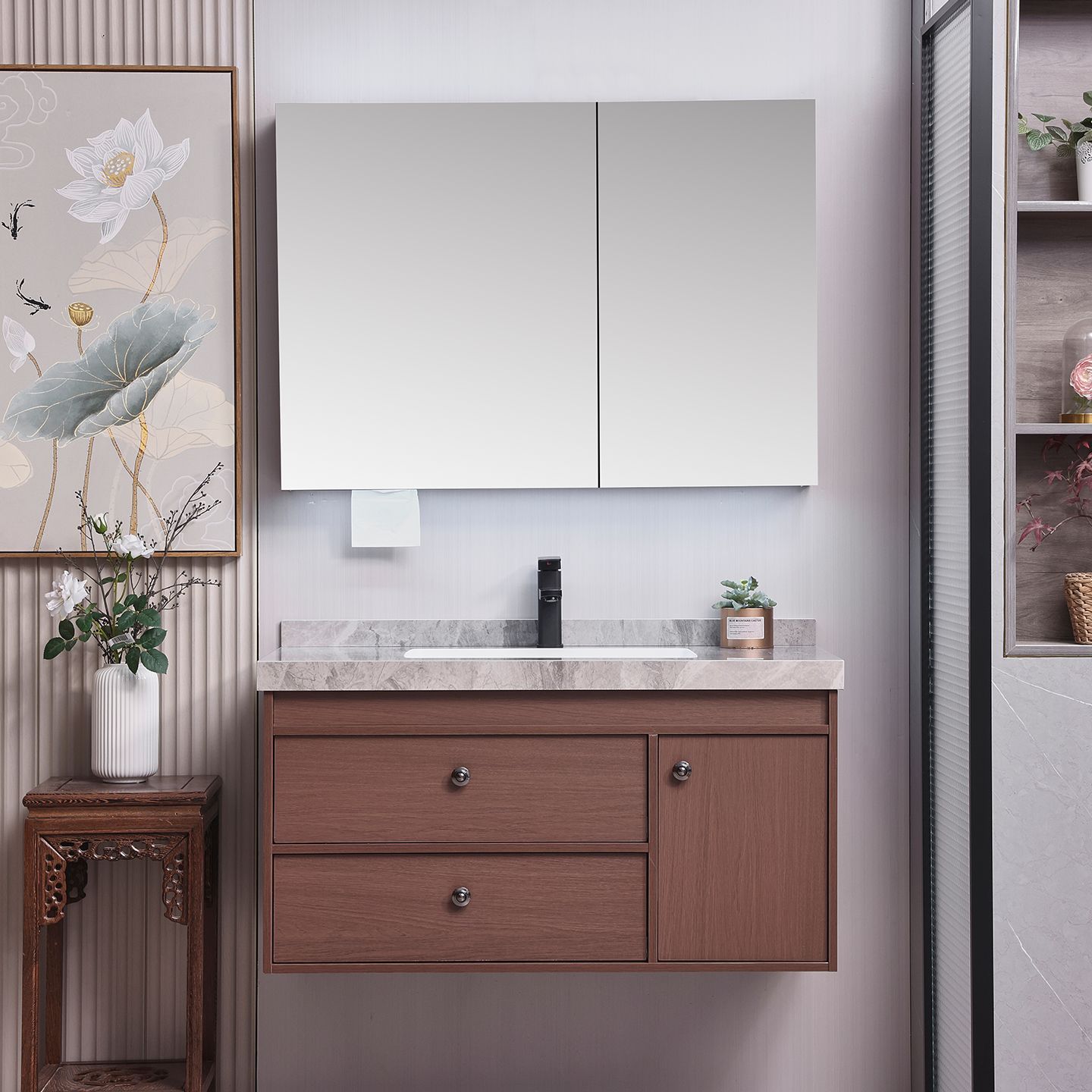 胡桃木色古风实木浴室柜