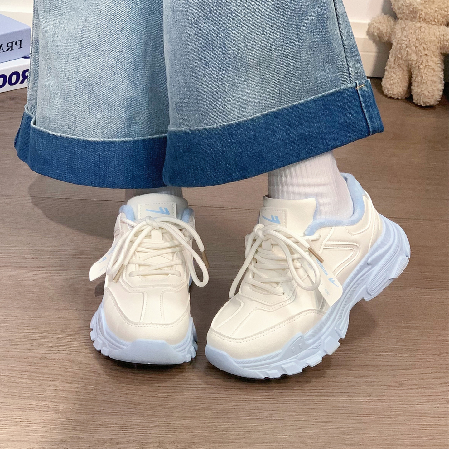 回力加绒皮面老爹鞋女2025冬季