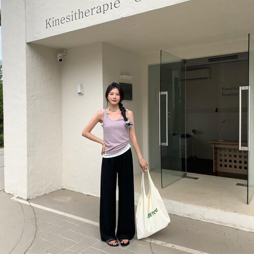 天丝亚麻垂感松紧腰阔腿裤女