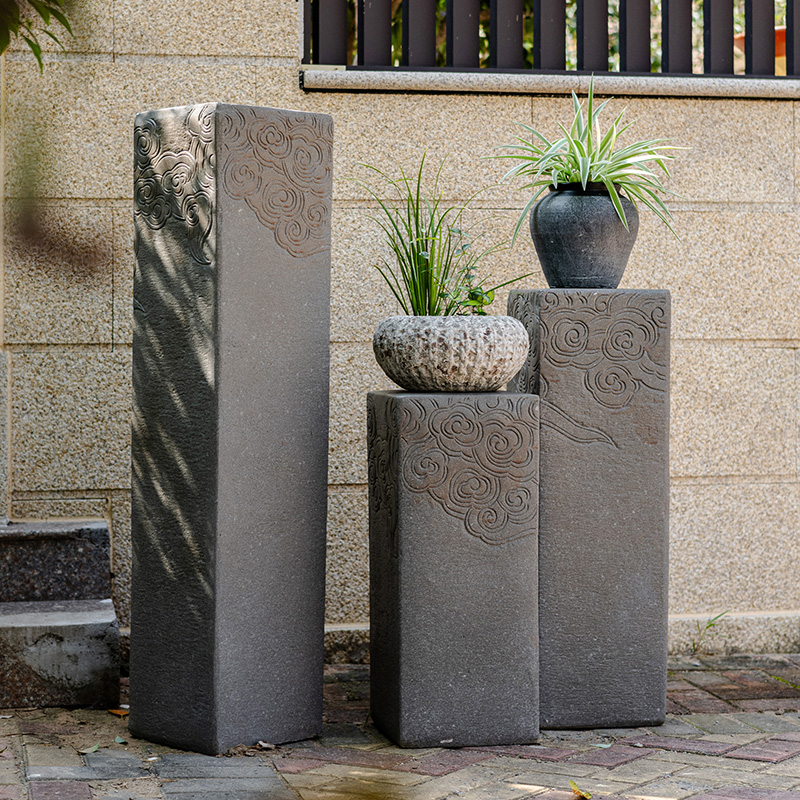 复古中式祥云石柱石墩落地石雕盆栽底座户外花园庭院院子造景摆件