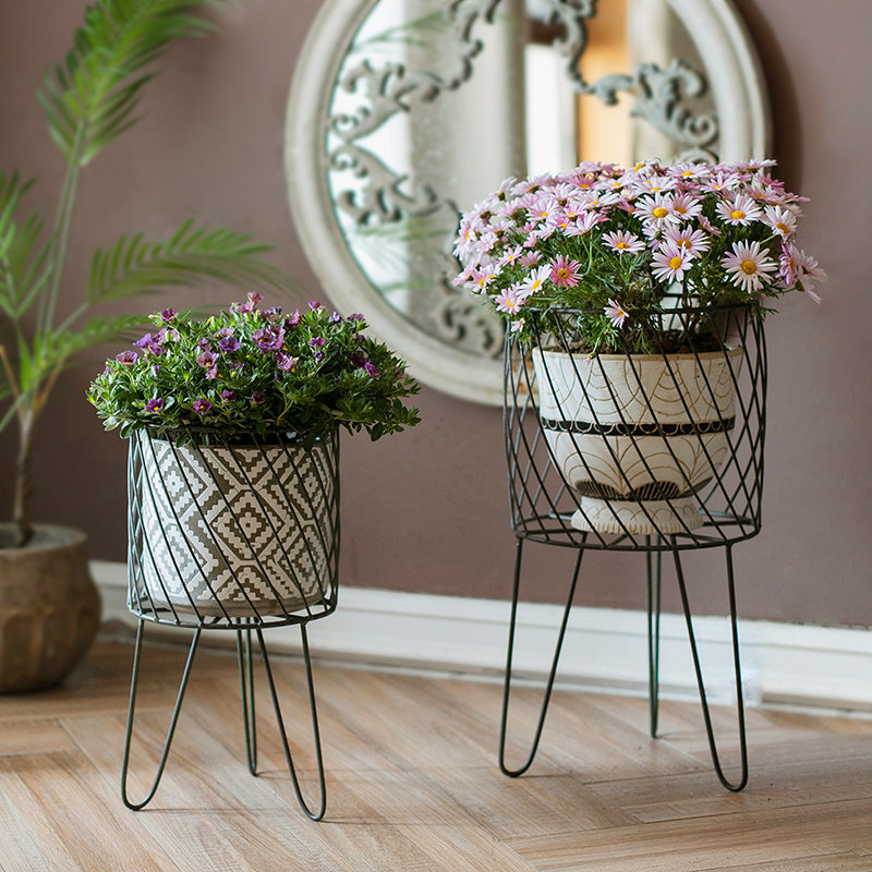 掬涵 铁艺三角几何花架花盆置物架简约客厅阳台落地支架花桶花器