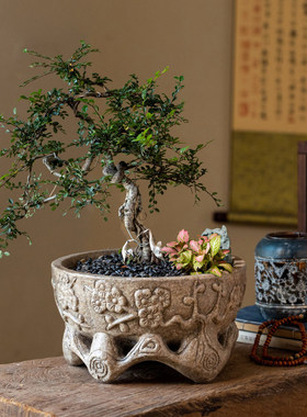 掬涵仿石浮雕禅意桌面花盆摆件