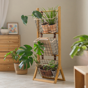 实木花架置物架客厅阳台落地花盆架子绿植展示储物多层收纳架北欧