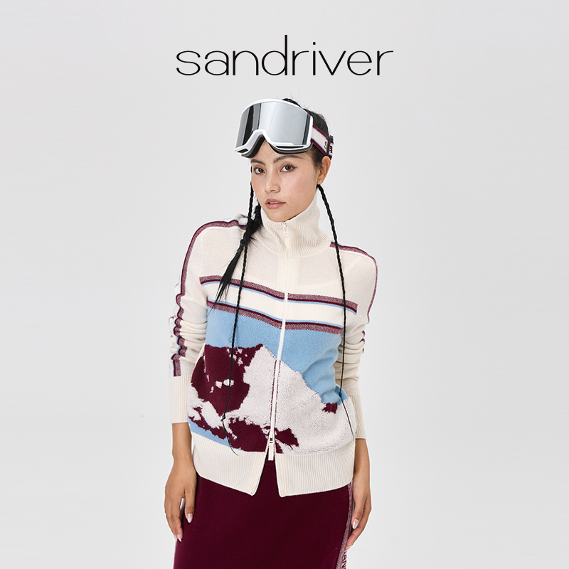 sandriver沙涓25年秋冬新品羊绒提花拉链开衫高领撞色针织外套女