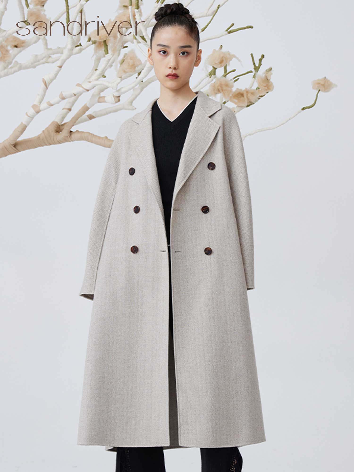 沙涓sandriver春秋双排扣人字纹羊绒呢女长大衣时尚感十足修身