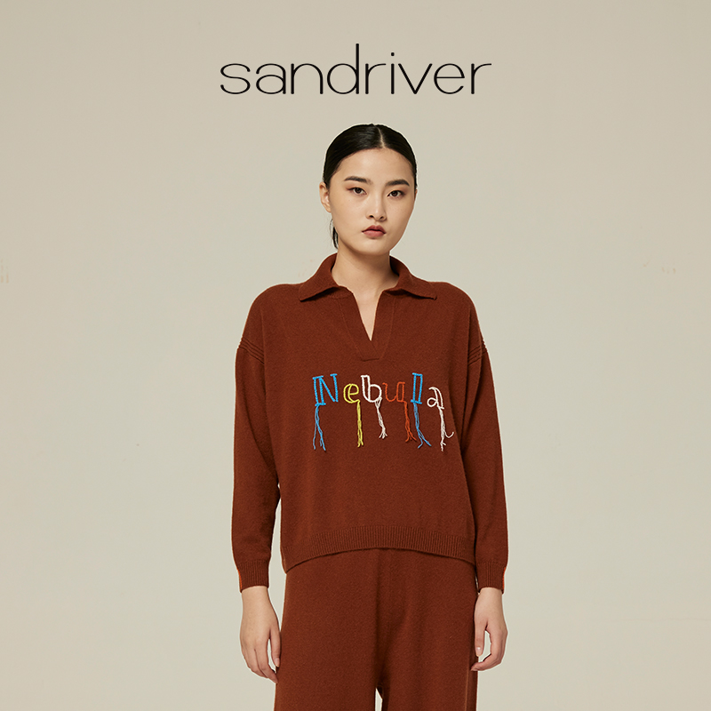 sandriver翻领手工刺绣羊绒衫