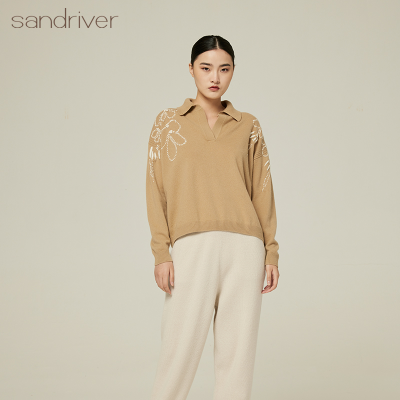 sandriver刺绣翻领套头羊绒衫