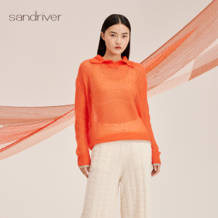 沙涓sandriver羊绒桑蚕丝撞边镂空polo衫