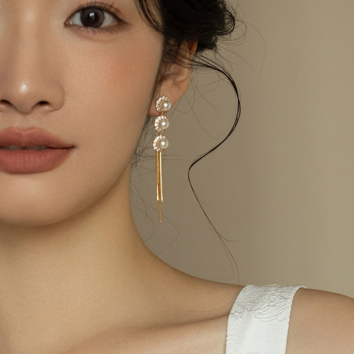 珍珠耳钉女生礼物长链流苏耳线