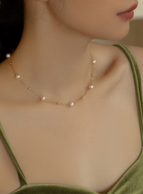 珍珠14K包金锁骨链女满天星项链