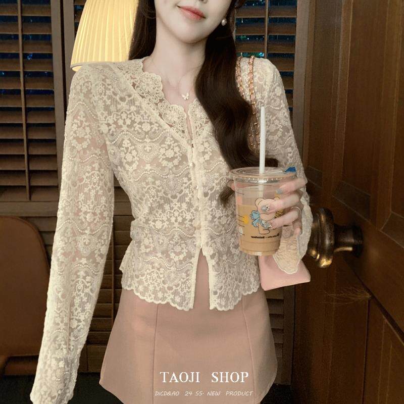RIERA米色刺绣蕾丝开衫女款蕾丝衫/雪纺衫