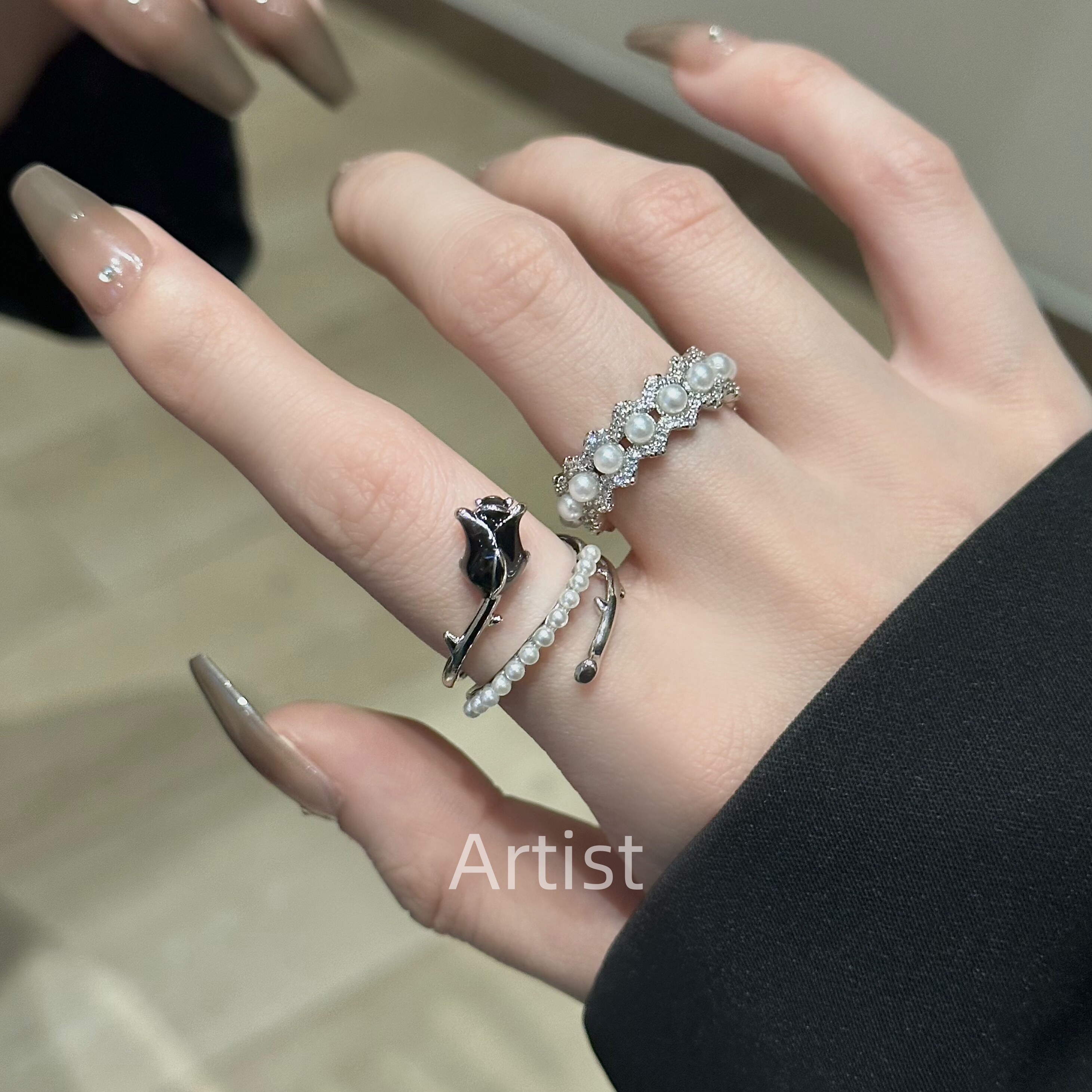 黑色玫瑰锆石珍珠戒指女