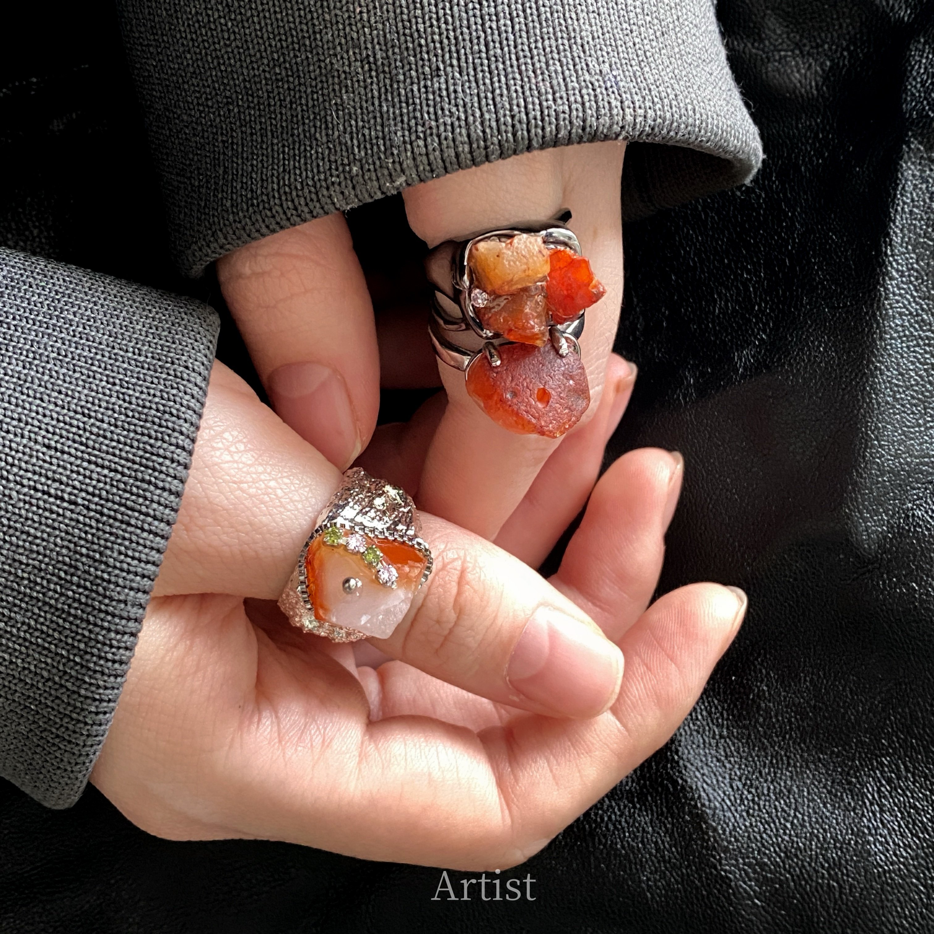 国风新中式天然琥珀石手工戒指女轻奢高级感小众设计指环尾戒百搭