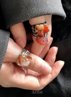 新中式天然琥珀石手工女戒百搭