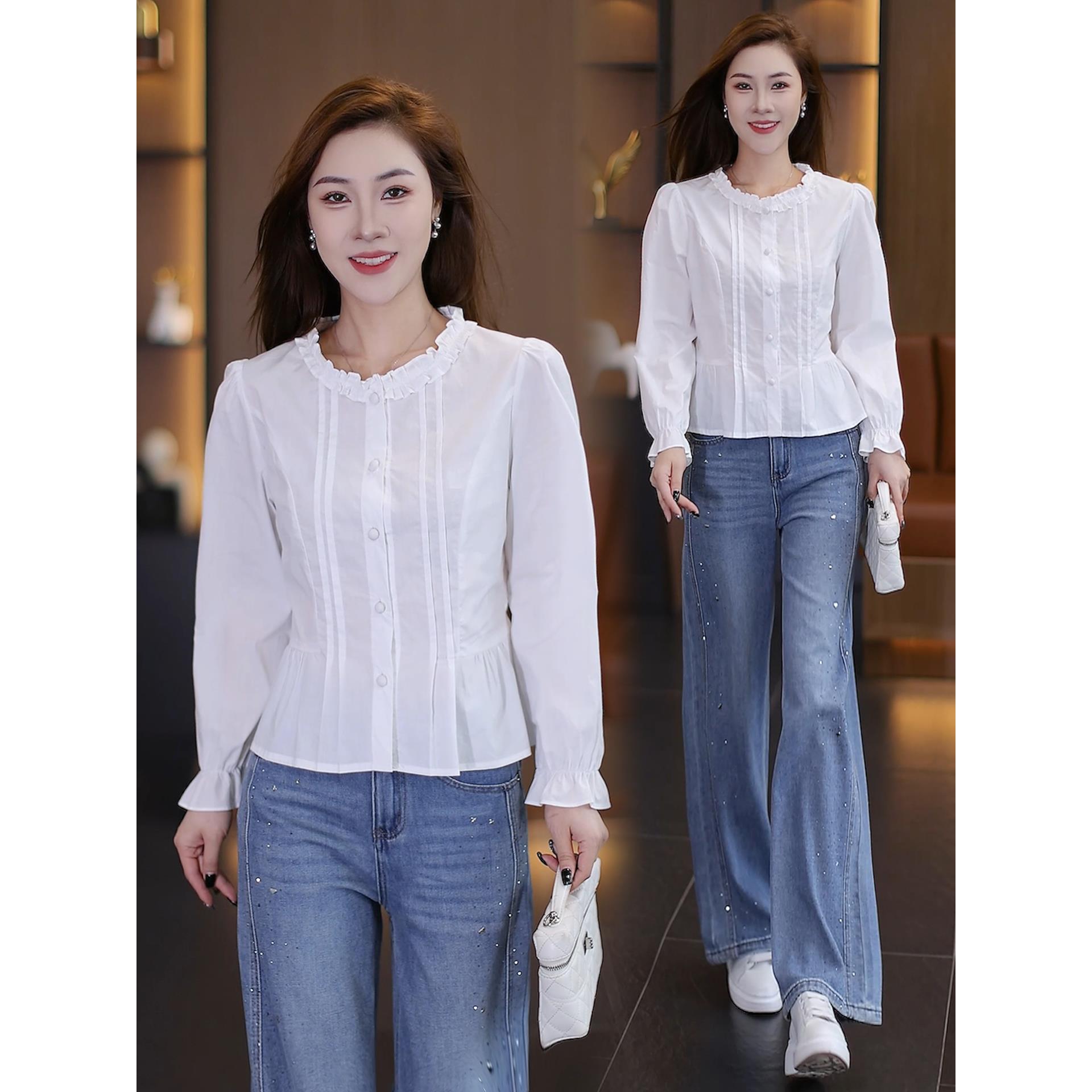 JOYIASS时尚木耳花边衬衫女2025秋季新款洋气设计感遮肚显瘦百搭