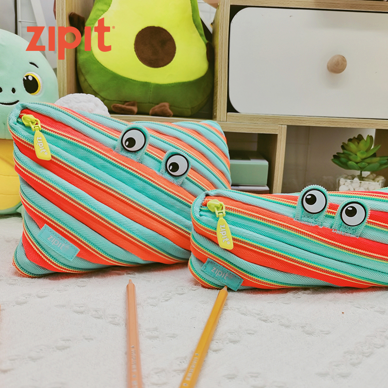 ZIPIT笔袋蓝橙撞色条纹创意拉链袋笔盒学生文具可爱女生化妆包