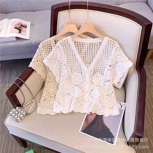 女新款 法式 开衫 V领时尚 洋气百搭宽松显瘦上衣潮 钩花镂空针织短袖