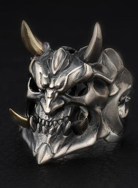 男士复古原创设计般若面具鬼王骷髅戒指个性镂空开口可调节食指环