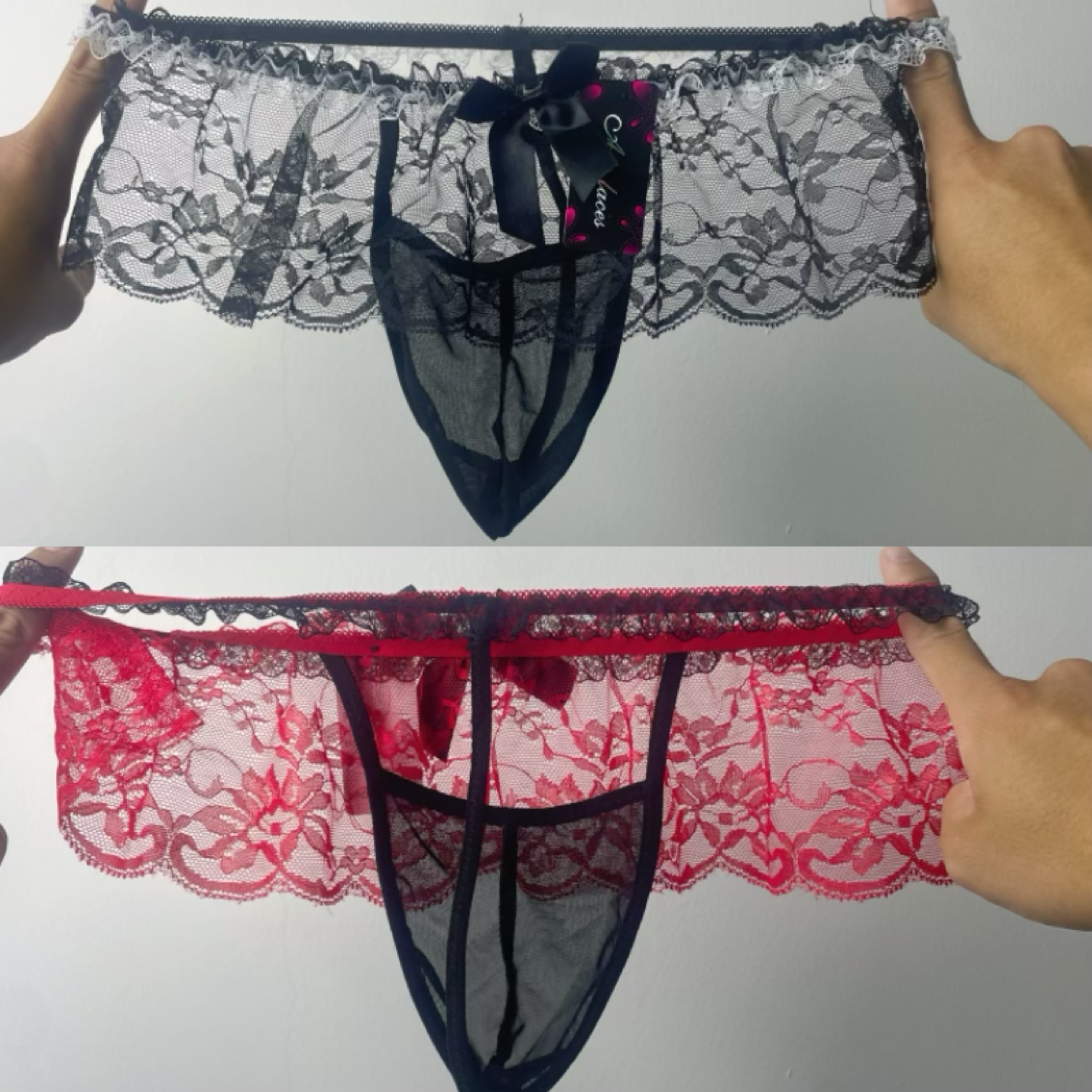 新款男士性感内裤丁字裤透明网纱透气低腰大囊袋三角裤男蕾丝内裤