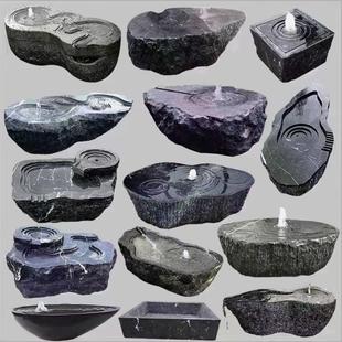 中式水景户外日式景观摆件新石钵石盆庭院养鱼池流水水钵盆黑山石