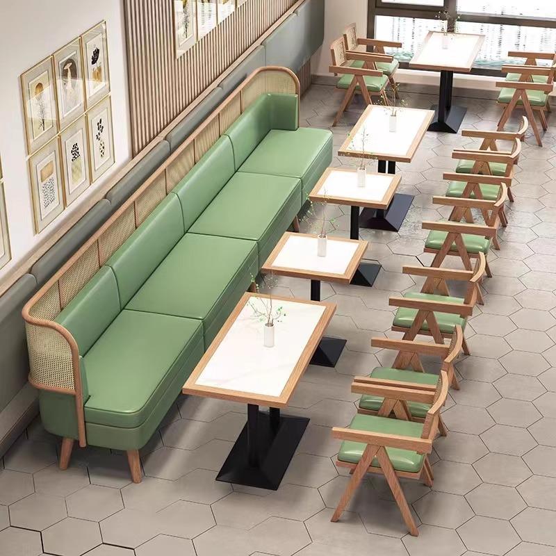 定制新中式主题饭店西餐厅火锅桌椅组合商用实木编藤餐饮卡座沙发