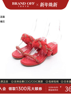 中古Chanel香奈儿女B级9新sandals凉鞋绒面革小牛皮鞋红色时尚