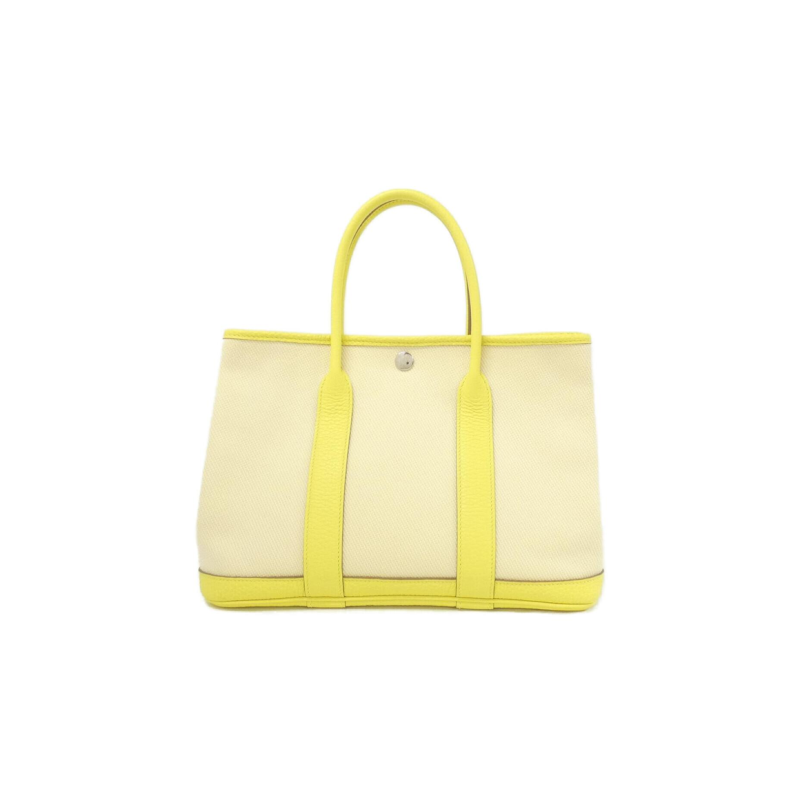 中古Hermes爱马仕女包A级95新Garden30花园包米白/柠檬黄手提包