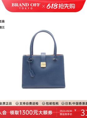 中古Ferragamo菲拉格慕女包B级9新Gancini博物馆牛皮托特包蓝色