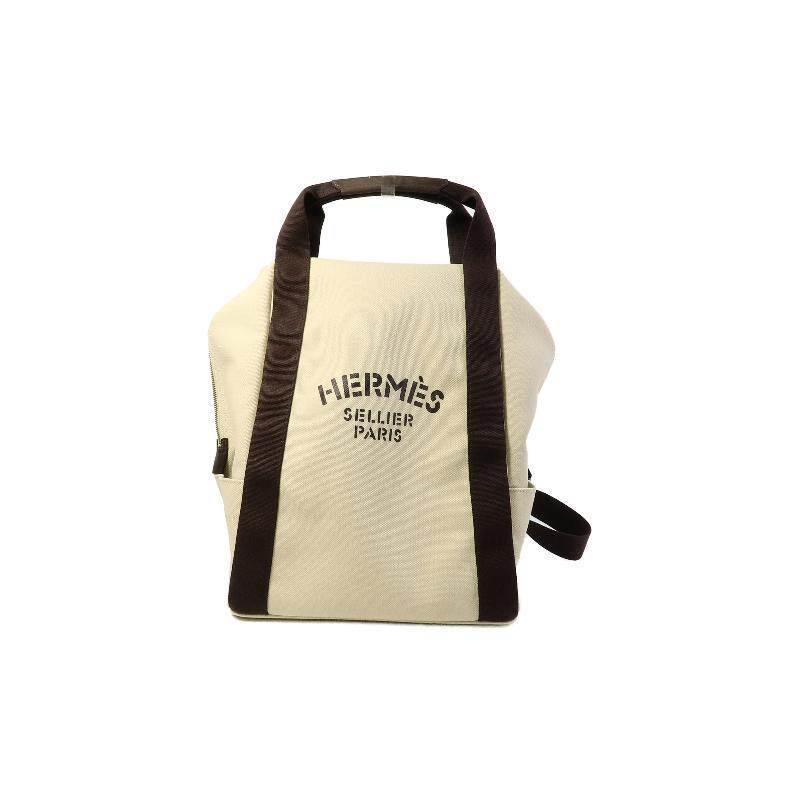 中古Hermes爱马仕男包A级95新Backpack背包帆布双肩包浅褐色