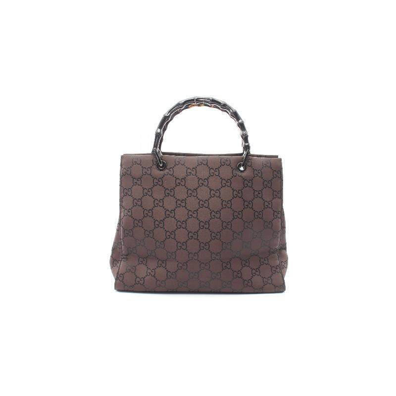中古Gucci古驰女包B级9新Bamboo竹节帆布托特包棕色