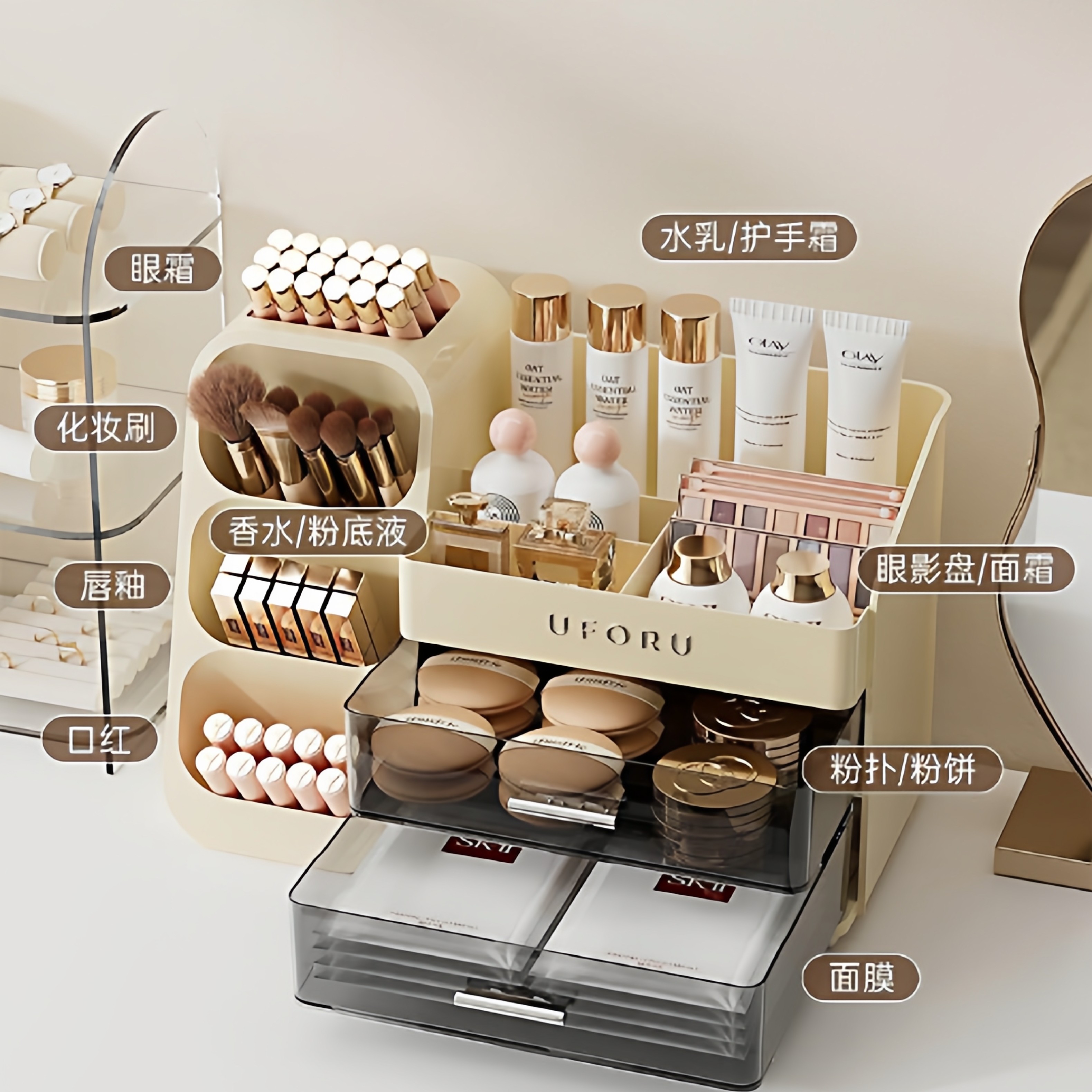 桌面化妆品收纳防尘家用梳妆台大容量口红护肤品多功能分格置物架