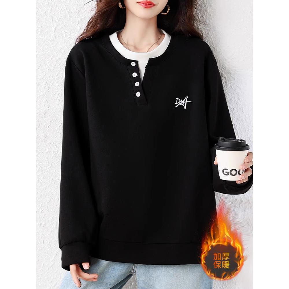 JOYIASS假两件加绒加厚卫衣冬季2025新款宽松上衣大码女装