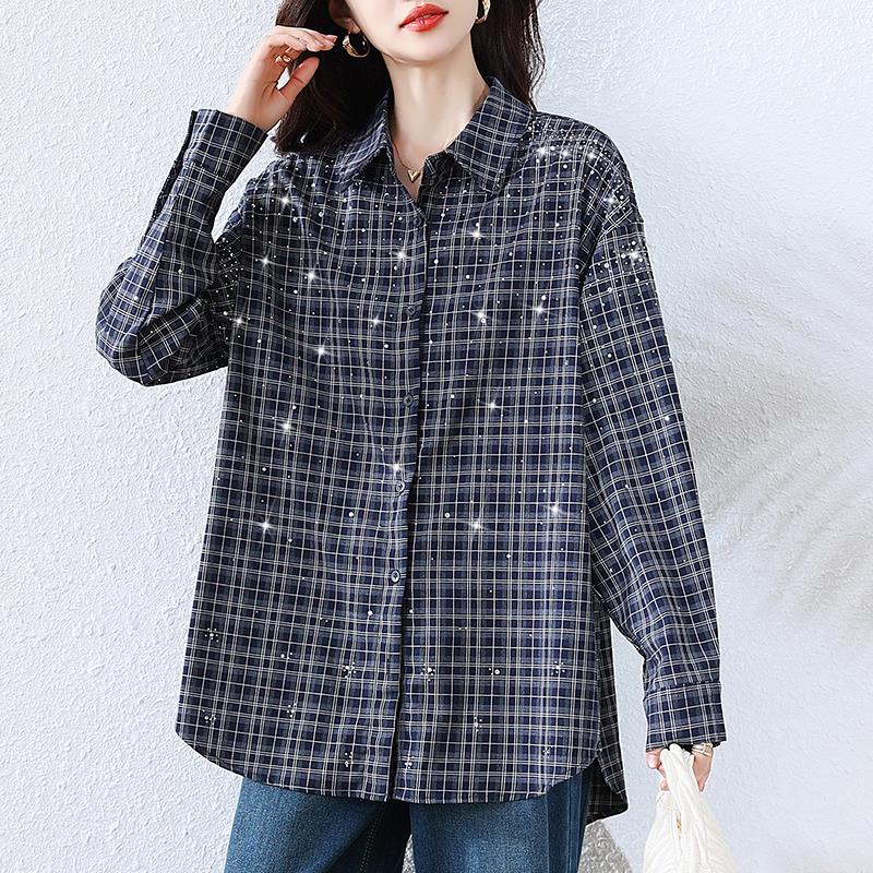 JOYIASS洋气烫钻格子衬衫秋季新款欧货上衣2025大码宽松长袖衬衣
