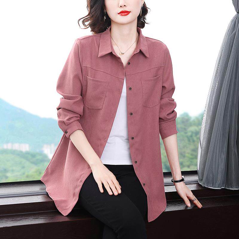 BLLOUKE妈妈粉色polo领长袖衬衫外套女士春秋2025新款春装衬衣女