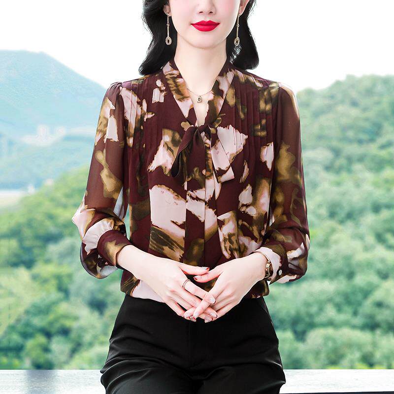 BLLOUKE妈妈印花蝴蝶结雪纺长袖衬衫女士春秋2025新款春装衬衣女