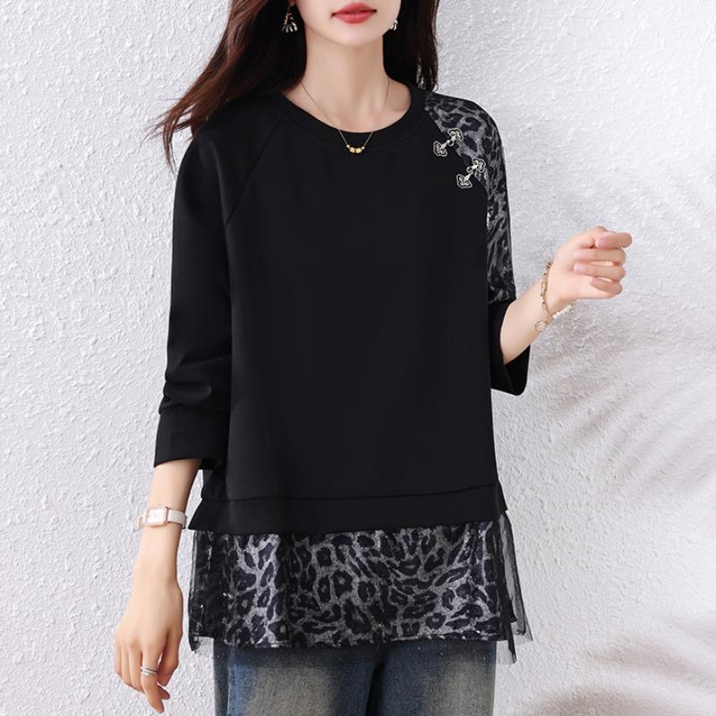 JOYIASS网纱亮丝豹纹拼接卫衣女2025新款宽松百搭秋季休闲上衣女