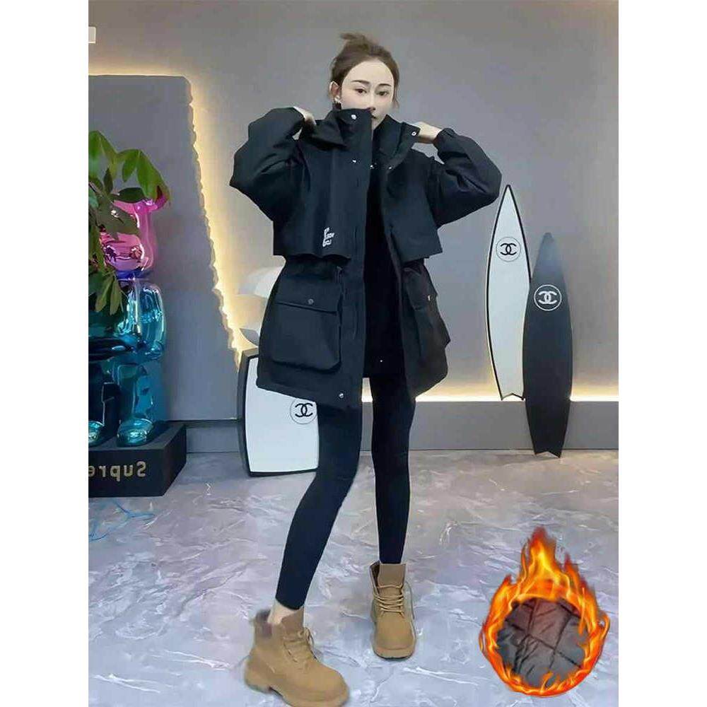 JOYIASS工装连帽冲锋衣女2025秋冬季新款欧货中长款收腰保暖加厚